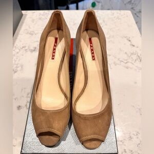 Prada Beige Suede Open Toe Pumps CAMMELLO Camoscio Sport 8.5